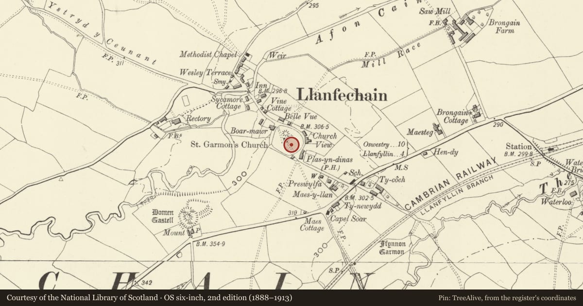 Ordnance Survey six-inch map, 2nd edition (1888–1913) covering the location of Sundial in St Garmon's Churchyard, Llanfechain, Powys, with a pin at the register's coordinates
