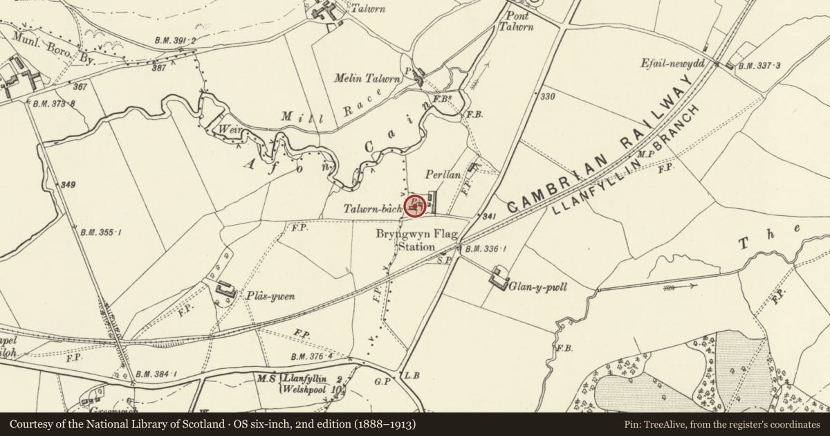 Ordnance Survey six-inch map, 2nd edition (1888–1913) covering the location of Talwrn Bach, Llanfechain, Powys, with a pin at the register's coordinates