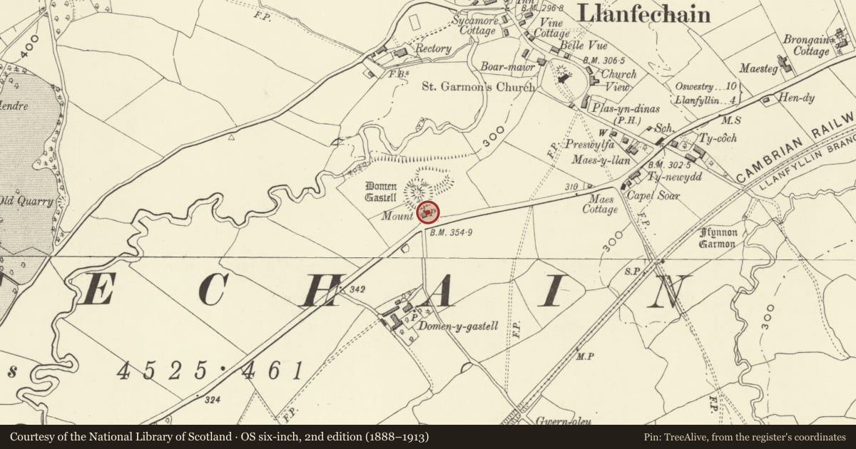 Ordnance Survey six-inch map, 2nd edition (1888–1913) covering the location of The Mount, Llanfechain, Powys, with a pin at the register's coordinates