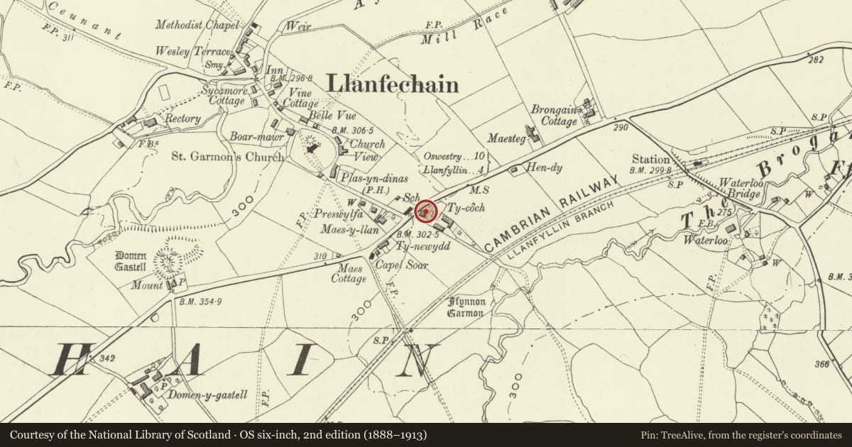 Ordnance Survey six-inch map, 2nd edition (1888–1913) covering the location of Ty-coch, Llanfechain, Powys, with a pin at the register's coordinates