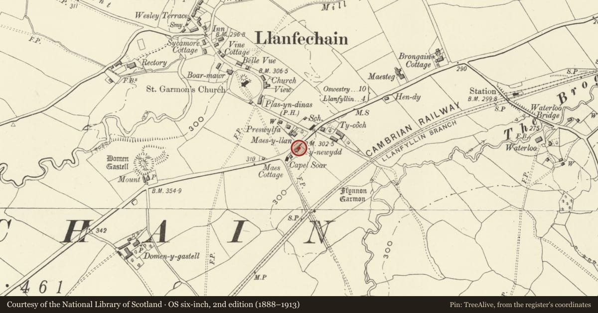 Ordnance Survey six-inch map, 2nd edition (1888–1913) covering the location of Ty-newydd, Llanfechain, Powys, with a pin at the register's coordinates