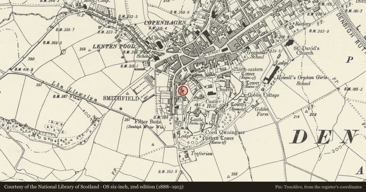 Ordnance Survey six-inch map, 2nd edition (1888–1913) covering the location of Town Wall: Western Section, Denbigh, Denbighshire, with a pin at the register's coordinates