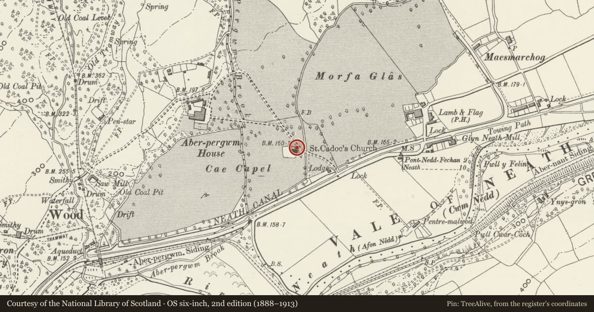 Ordnance Survey six-inch map, 2nd edition (1888–1913) covering the location of Gate and railings and churchyard wall to SE of Church of St Cadoc, Glynneath, Neath Port Talbot, with a pin at the register's coordinates