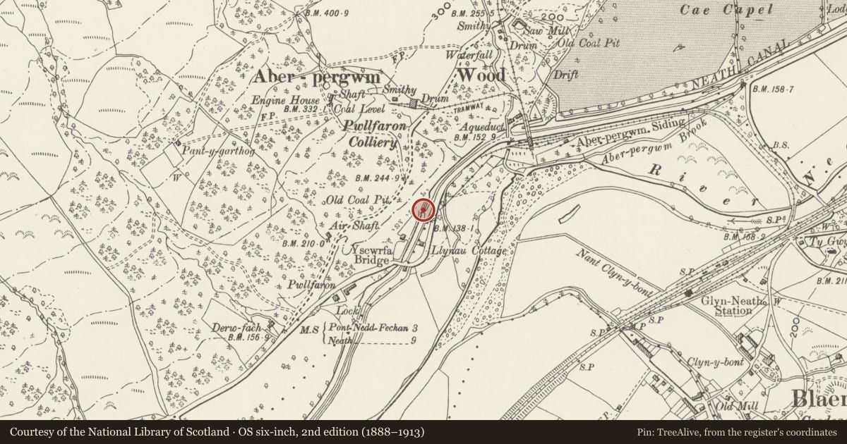 Ordnance Survey six-inch map, 2nd edition (1888–1913) covering the location of Bridge at lock on Neath Canal N of Yscwrfa Bridge, Glynneath, Neath Port Talbot, with a pin at the register's coordinates