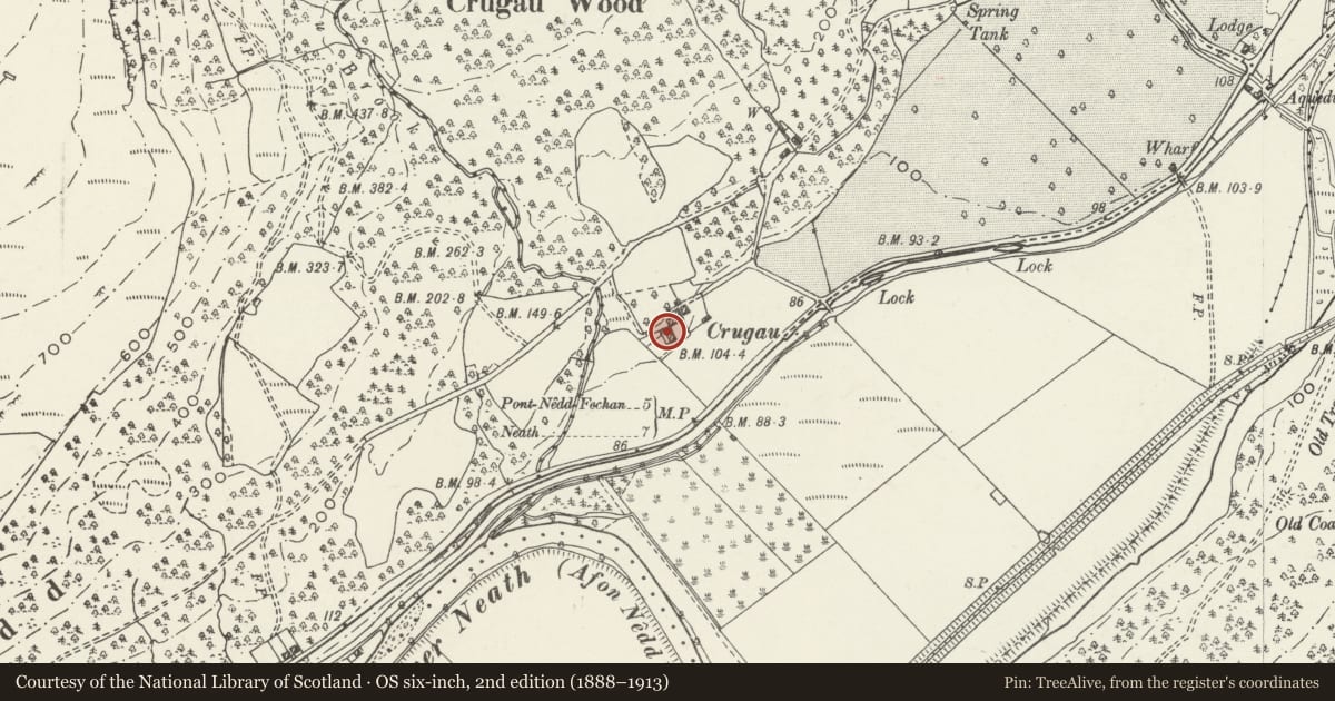 Ordnance Survey six-inch map, 2nd edition (1888–1913) covering the location of Barn at Crugau, Glynneath, Neath Port Talbot, with a pin at the register's coordinates