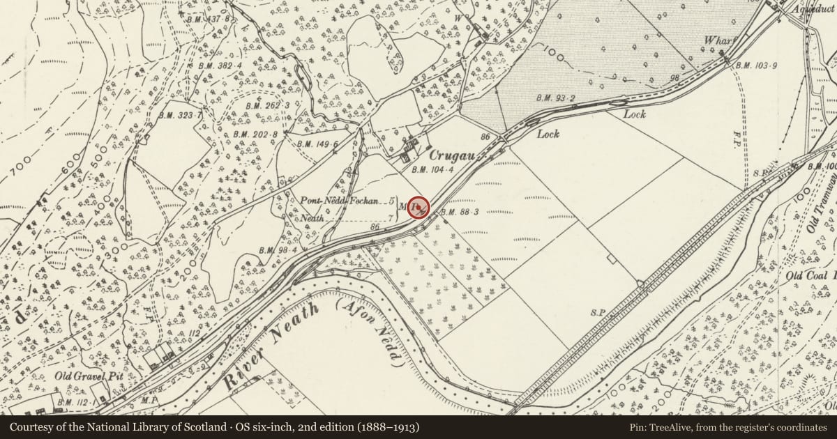 Ordnance Survey six-inch map, 2nd edition (1888–1913) covering the location of Milestone on B4242 near Crugau, Glynneath, Neath Port Talbot, with a pin at the register's coordinates