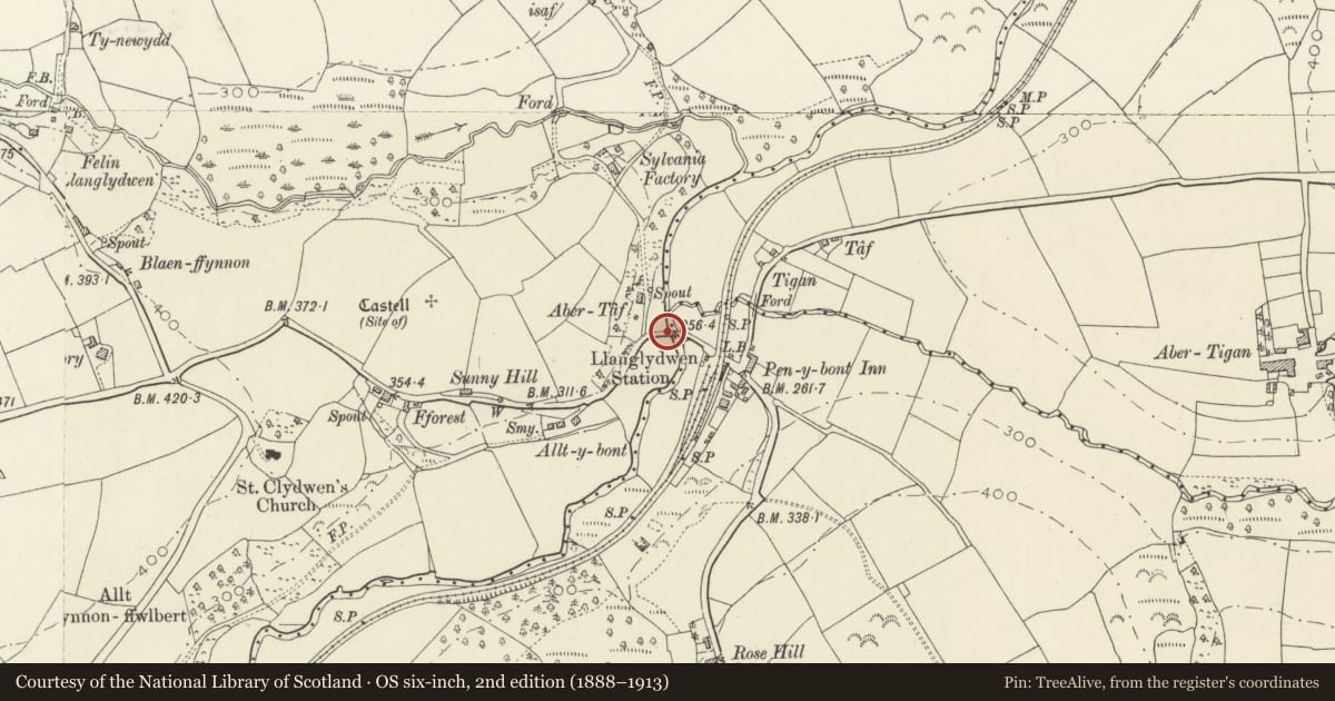 Ordnance Survey six-inch map, 2nd edition (1888–1913) covering the location of Pont Llanglydwen (partly in Llanboidy Community), Cilymaenllwyd, Carmarthenshire, with a pin at the register's coordinates