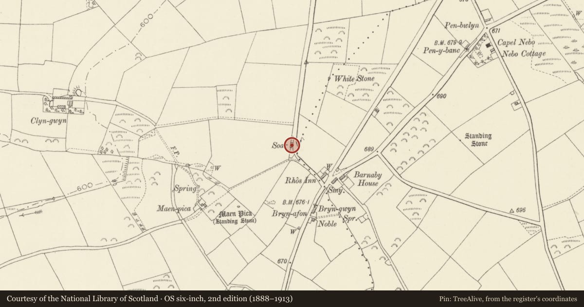 Ordnance Survey six-inch map, 2nd edition (1888–1913) covering the location of Soar, Cilymaenllwyd, Carmarthenshire, with a pin at the register's coordinates
