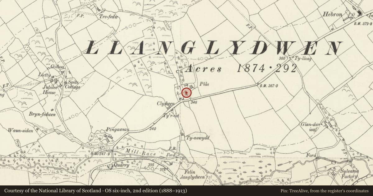 Ordnance Survey six-inch map, 2nd edition (1888–1913) covering the location of Stable and cart house at Plas, Cilymaenllwyd, Carmarthenshire, with a pin at the register's coordinates