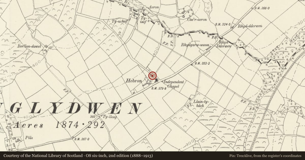 Ordnance Survey six-inch map, 2nd edition (1888–1913) covering the location of Y Bwthyn, Hebron Chapel, Cilymaenllwyd, Carmarthenshire, with a pin at the register's coordinates