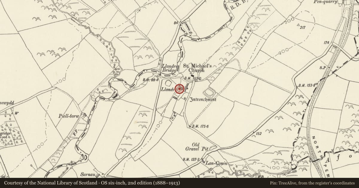 Ordnance Survey six-inch map, 2nd edition (1888–1913) covering the location of Dovecote at Llandre-Egremont, Clynderwen, Pembrokeshire, with a pin at the register's coordinates
