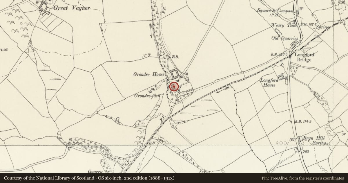 Ordnance Survey six-inch map, 2nd edition (1888–1913) covering the location of Grondre House, Clynderwen, Pembrokeshire, with a pin at the register's coordinates