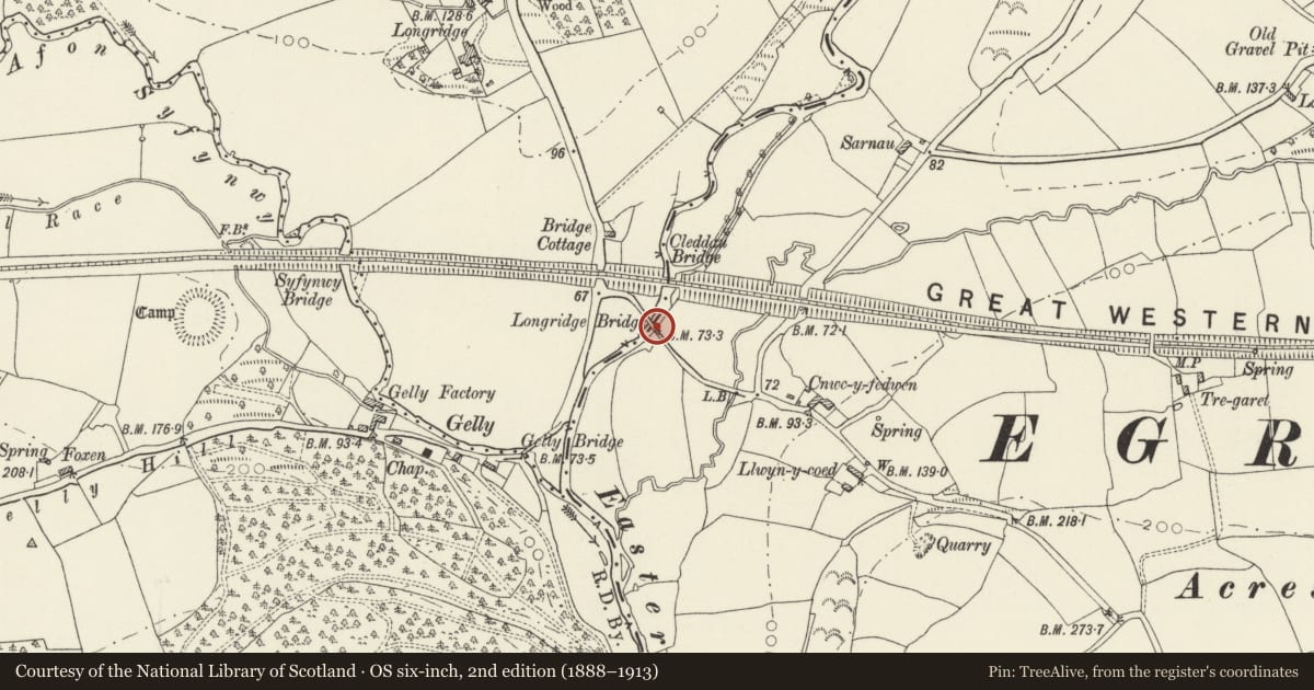 Ordnance Survey six-inch map, 2nd edition (1888–1913) covering the location of Longridge Bridge (Partly in New Moat Community), Clynderwen, Pembrokeshire, with a pin at the register's coordinates