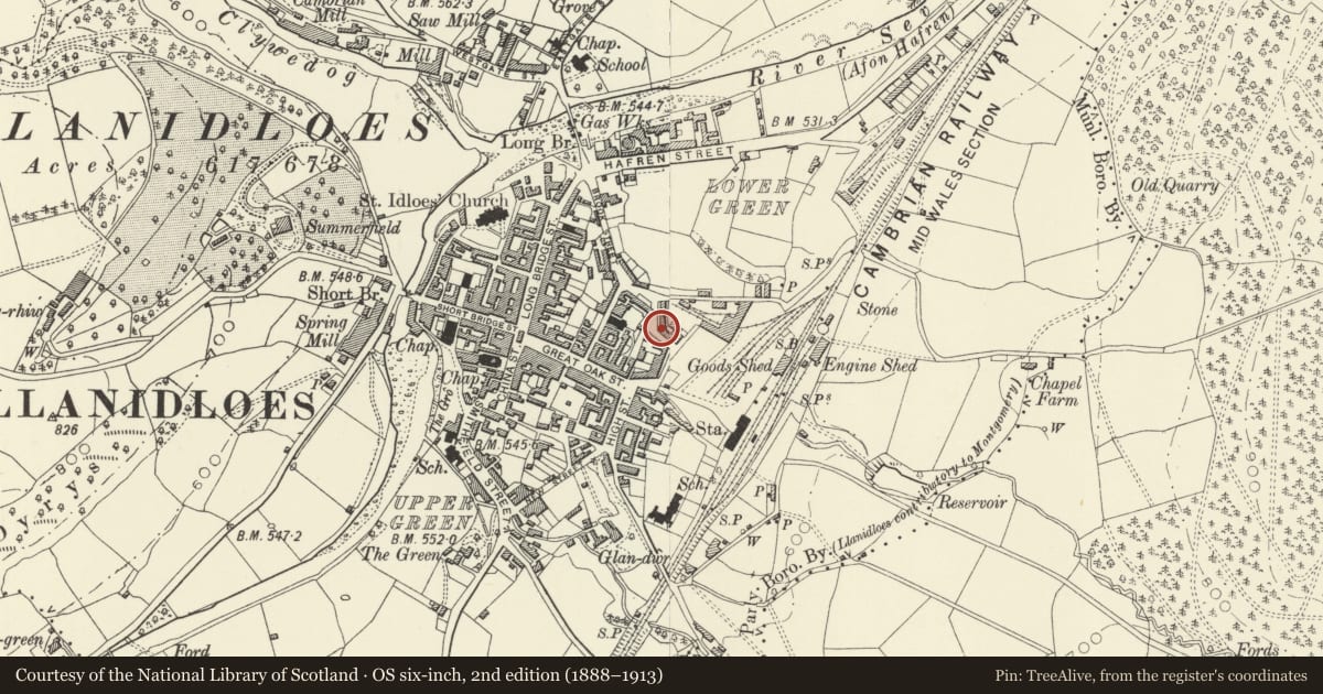 Ordnance Survey six-inch map, 2nd edition (1888–1913) covering the location of 10 Foundry Terrace, Llanidloes, Powys, with a pin at the register's coordinates