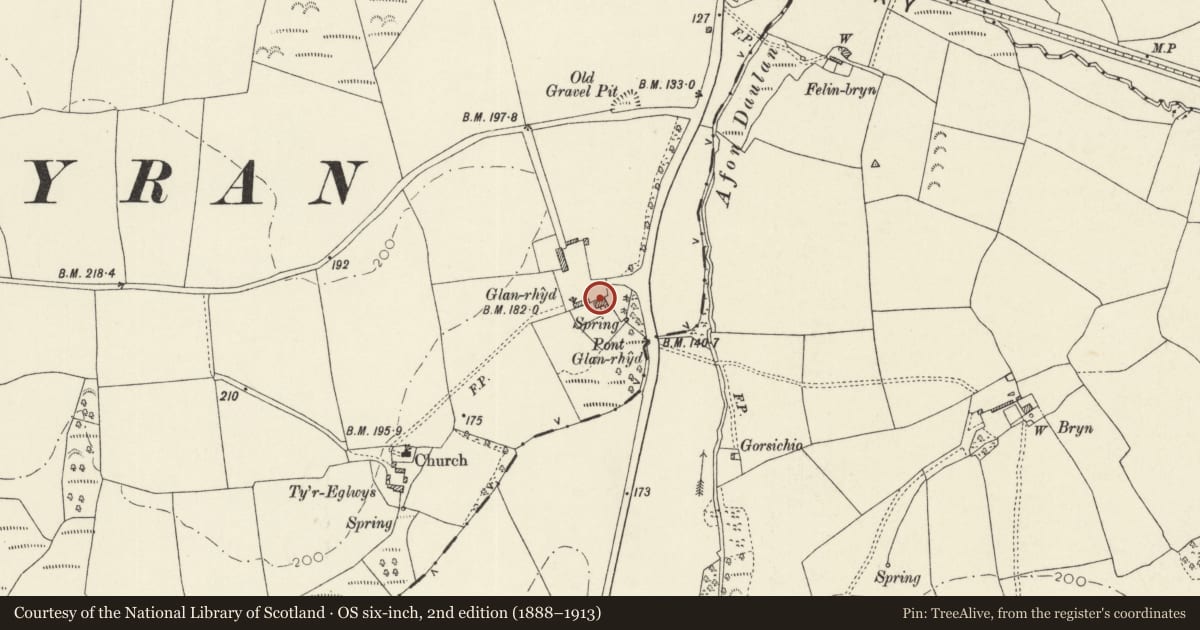 Ordnance Survey six-inch map, 2nd edition (1888–1913) covering the location of Water house at rear of Glanrhyd House, Clynderwen, Pembrokeshire, with a pin at the register's coordinates