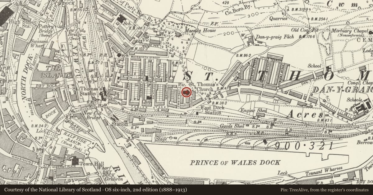 Ordnance Survey six-inch map, 2nd edition (1888–1913) covering the location of Church of Saint Thomas, St. Thomas, Swansea, with a pin at the register's coordinates