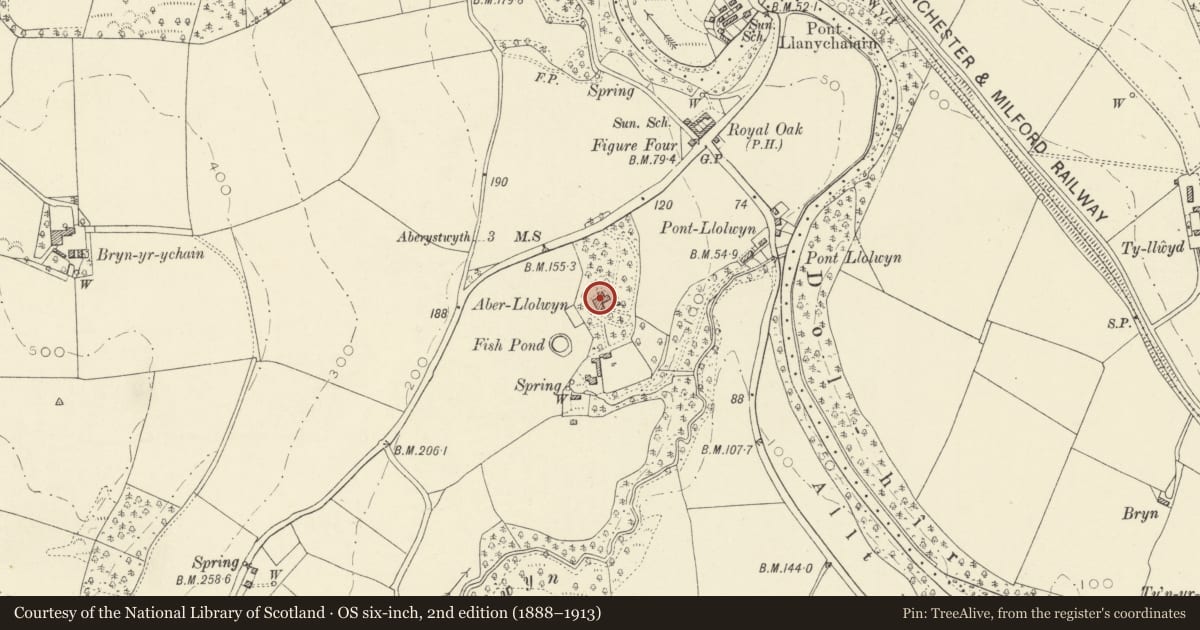 Ordnance Survey six-inch map, 2nd edition (1888–1913) covering the location of Aberllolwyn, Llanfarian, Ceredigion, with a pin at the register's coordinates