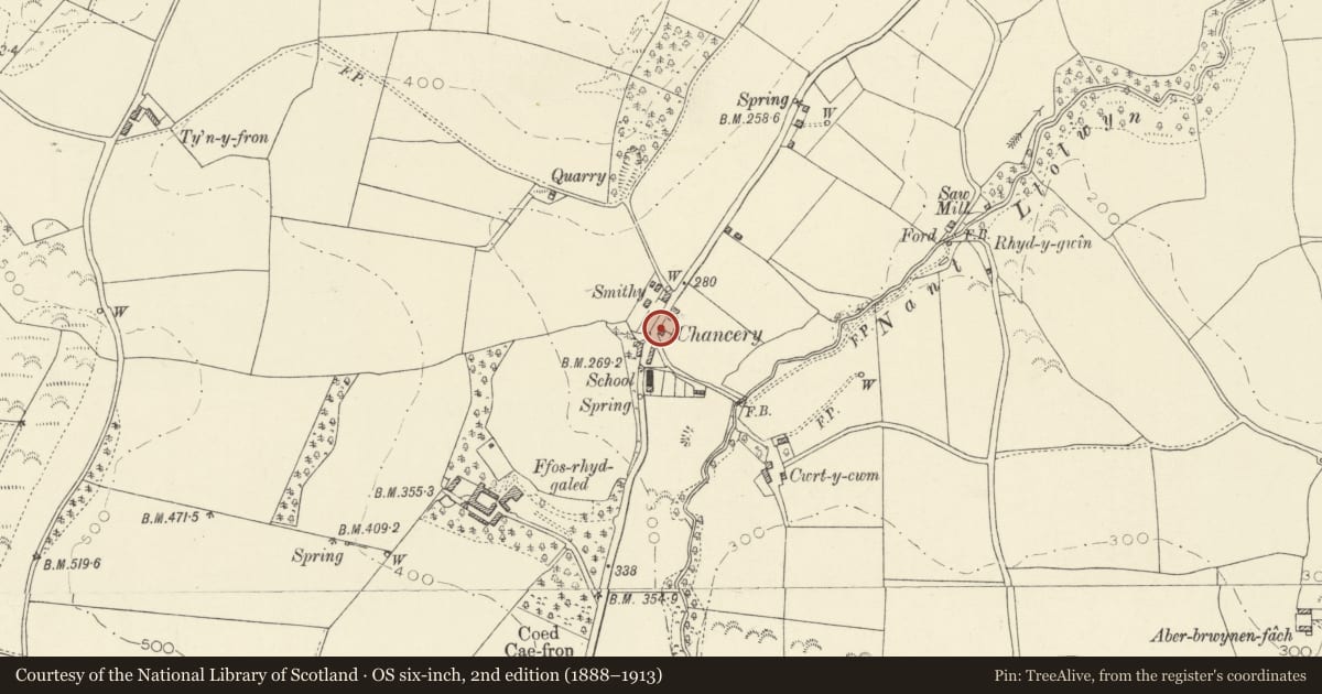 Ordnance Survey six-inch map, 2nd edition (1888–1913) covering the location of Brynglas, Llanfarian, Ceredigion, with a pin at the register's coordinates
