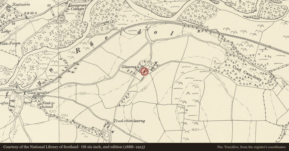 Ordnance Survey six-inch map, 2nd edition (1888–1913) covering the location of Cartshed at Glascrug, Llanfarian, Ceredigion, with a pin at the register's coordinates