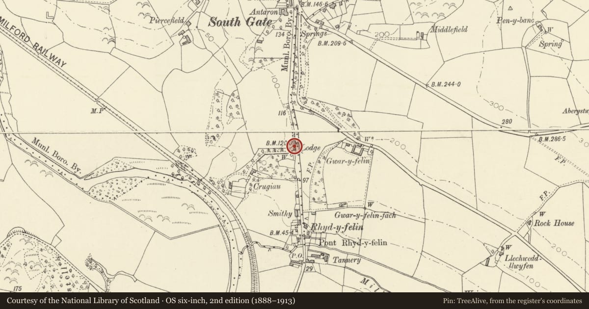 Ordnance Survey six-inch map, 2nd edition (1888–1913) covering the location of Crugiau Lodge, Llanfarian, Ceredigion, with a pin at the register's coordinates
