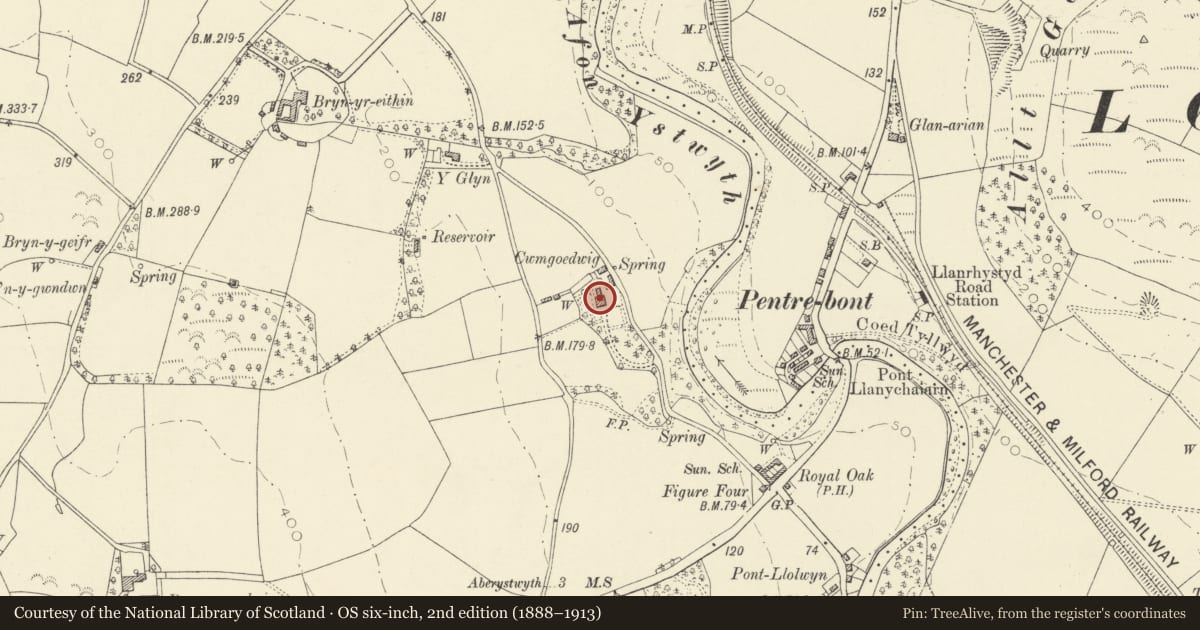 Ordnance Survey six-inch map, 2nd edition (1888–1913) covering the location of Cwmcoedwig Hall, Llanfarian, Ceredigion, with a pin at the register's coordinates