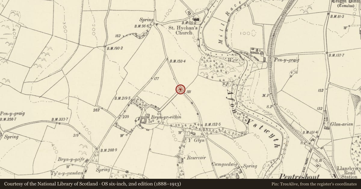 Ordnance Survey six-inch map, 2nd edition (1888–1913) covering the location of Gate piers to Bryneithyn Hall, at Bryneithyn Lodge, Llanfarian, Ceredigion, with a pin at the register's coordinates