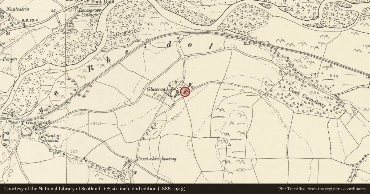 Ordnance Survey six-inch map, 2nd edition (1888–1913) covering the location of Glascrug, Llanfarian, Ceredigion, with a pin at the register's coordinates