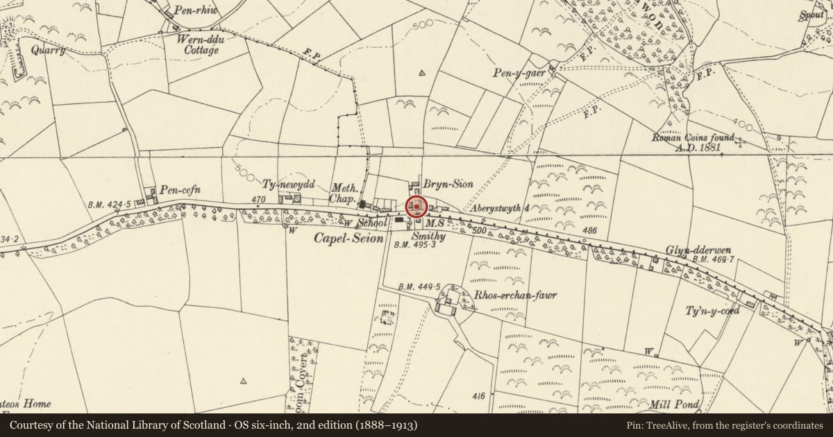 Ordnance Survey six-inch map, 2nd edition (1888–1913) covering the location of Milestone at Capel Seion, Llanfarian, Ceredigion, with a pin at the register's coordinates