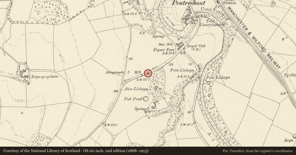Ordnance Survey six-inch map, 2nd edition (1888–1913) covering the location of Milestone near Aberllolwyn drive, Llanfarian, Ceredigion, with a pin at the register's coordinates