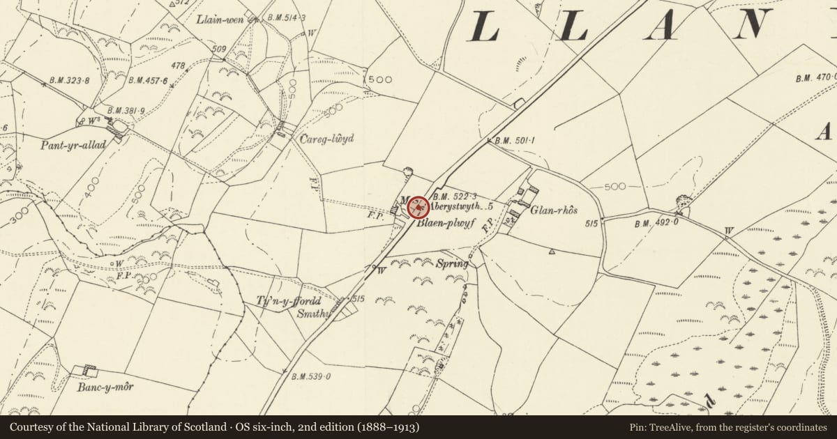 Ordnance Survey six-inch map, 2nd edition (1888–1913) covering the location of Milestone near Brynheulwen, Llanfarian, Ceredigion, with a pin at the register's coordinates