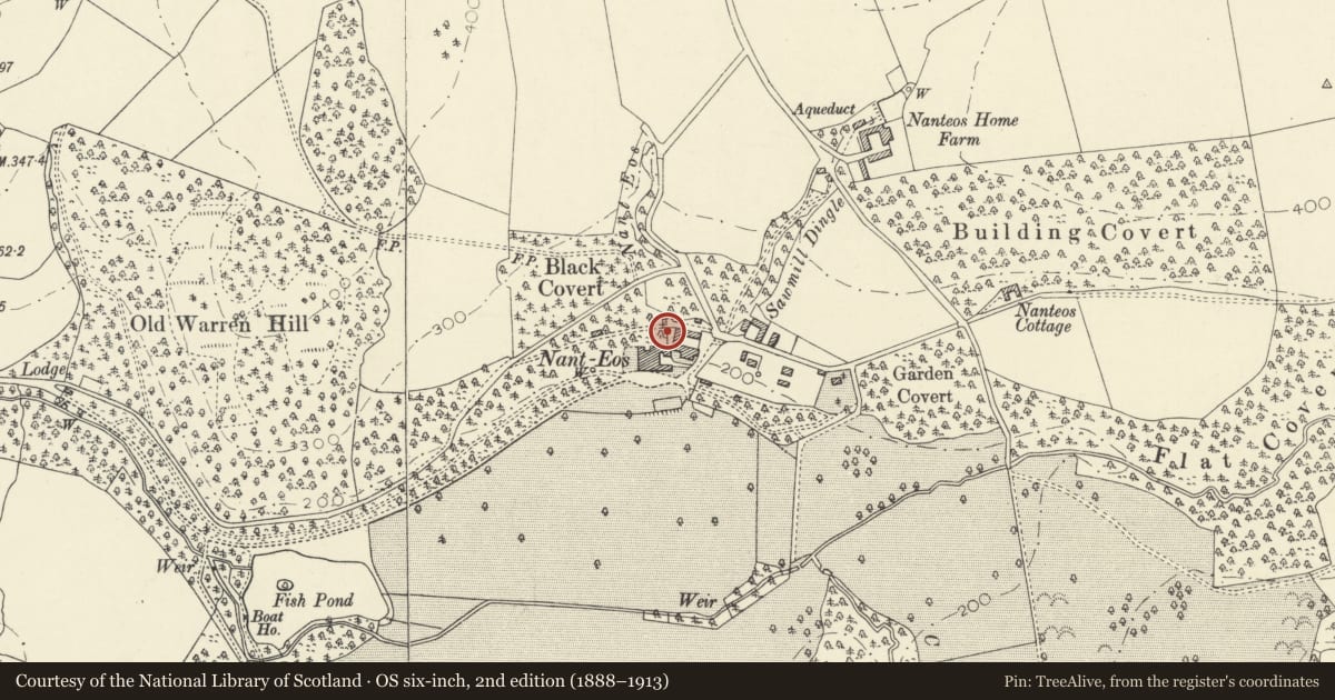 Ordnance Survey six-inch map, 2nd edition (1888–1913) covering the location of Dovecote at Nanteos, Llanfarian, Ceredigion, with a pin at the register's coordinates