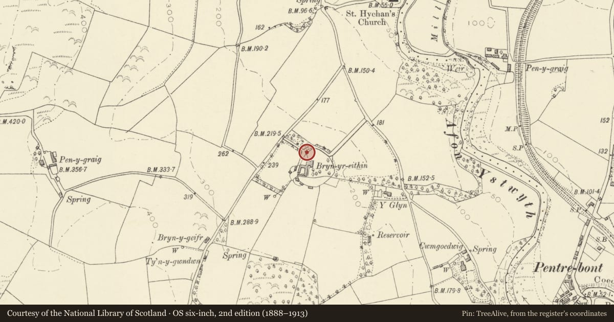 Ordnance Survey six-inch map, 2nd edition (1888–1913) covering the location of Garden walls and gazebo at Bryneithyn Hall, Llanfarian, Ceredigion, with a pin at the register's coordinates