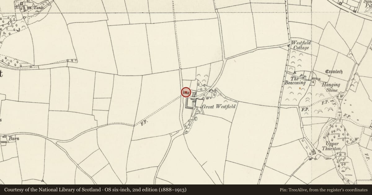 Ordnance Survey six-inch map, 2nd edition (1888–1913) covering the location of Cartshed at Great Westfield, Rosemarket, Pembrokeshire, with a pin at the register's coordinates