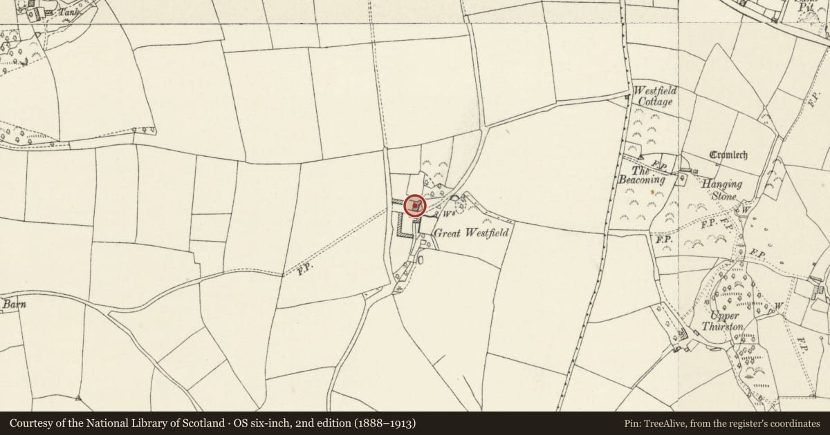Ordnance Survey six-inch map, 2nd edition (1888–1913) covering the location of Great Westfield, Rosemarket, Pembrokeshire, with a pin at the register's coordinates