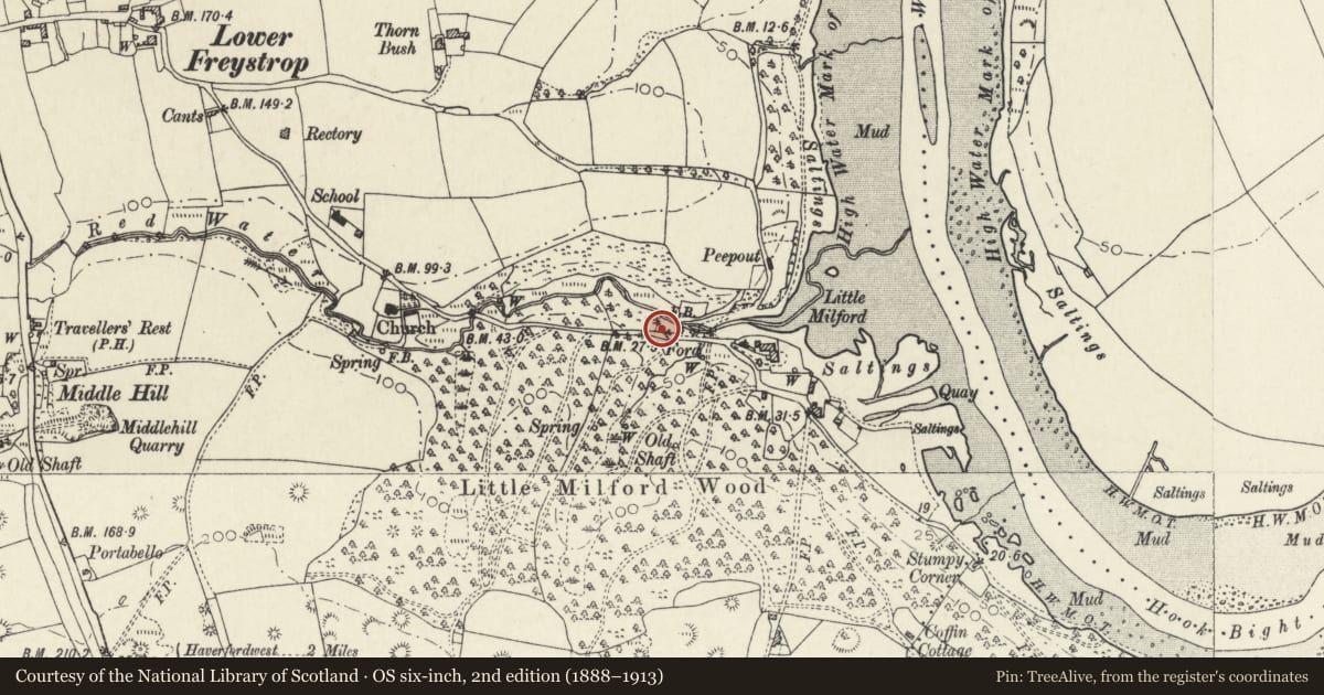 Ordnance Survey six-inch map, 2nd edition (1888–1913) covering the location of Limekiln at Little Milford, Freystrop, Pembrokeshire, with a pin at the register's coordinates