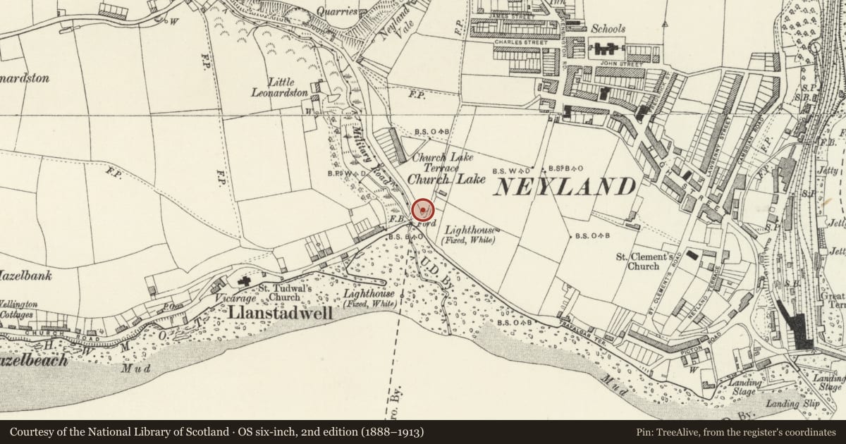 Ordnance Survey six-inch map, 2nd edition (1888–1913) covering the location of Lime kiln at Church Lake, Neyland, Pembrokeshire, with a pin at the register's coordinates