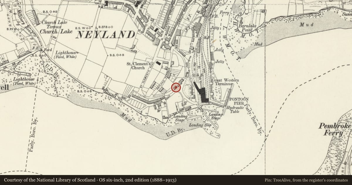 Ordnance Survey six-inch map, 2nd edition (1888–1913) covering the location of Station House, Neyland, Pembrokeshire, with a pin at the register's coordinates