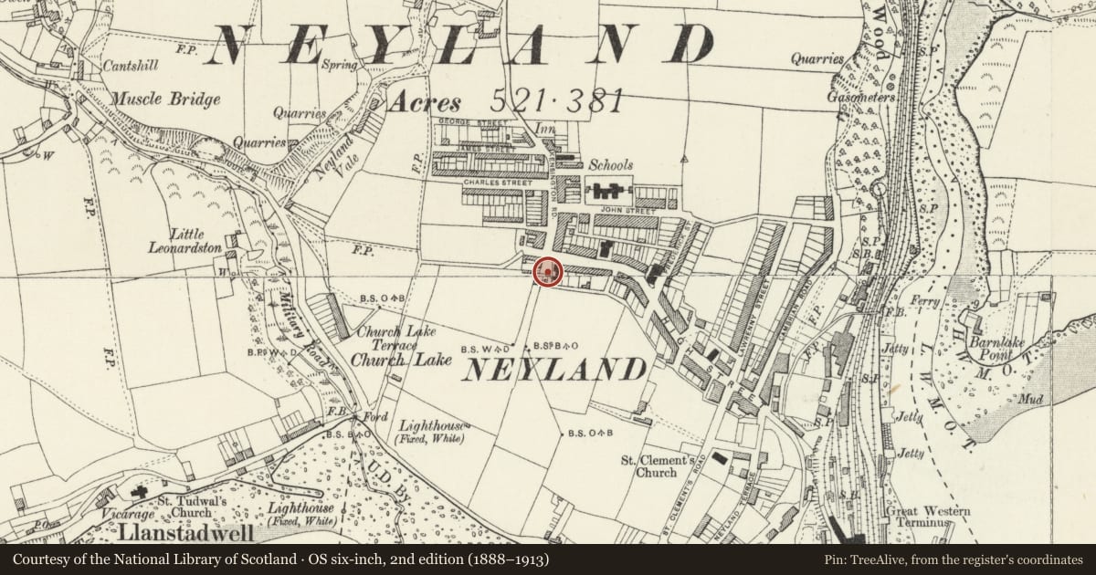Ordnance Survey six-inch map, 2nd edition (1888–1913) covering the location of The War Memorial, Neyland, Pembrokeshire, with a pin at the register's coordinates