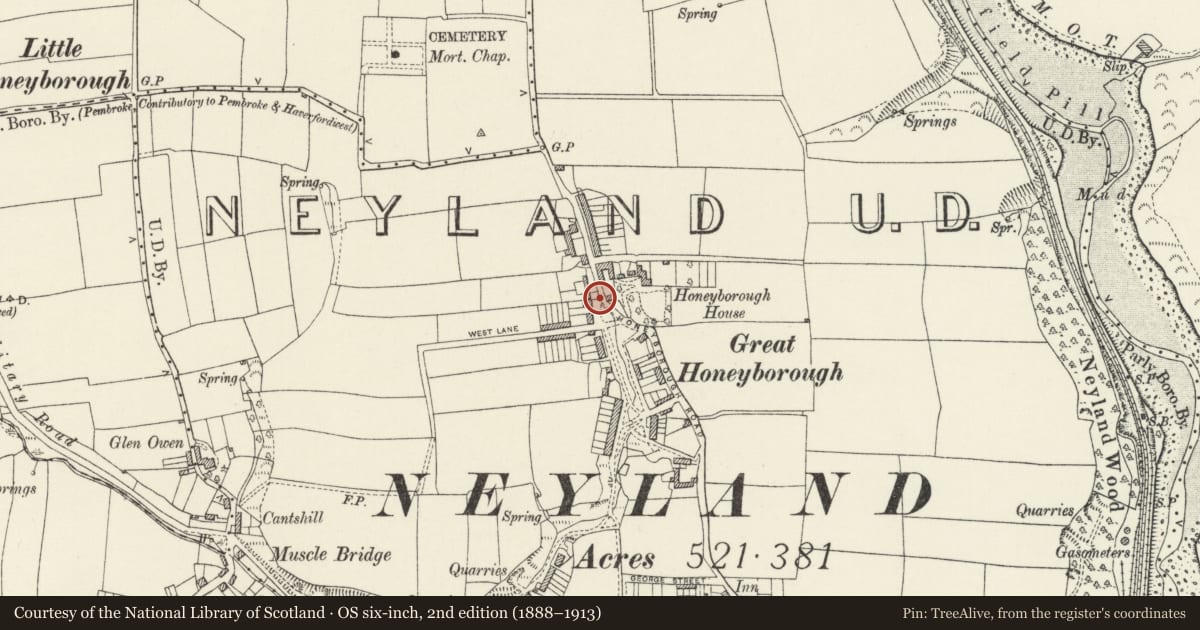 Ordnance Survey six-inch map, 2nd edition (1888–1913) covering the location of Village pump at Great Honeyborough, Neyland, Pembrokeshire, with a pin at the register's coordinates