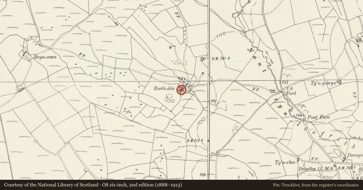 Ordnance Survey six-inch map, 2nd edition (1888–1913) covering the location of Berth-ddu, Trawsfynydd, Gwynedd, with a pin at the register's coordinates
