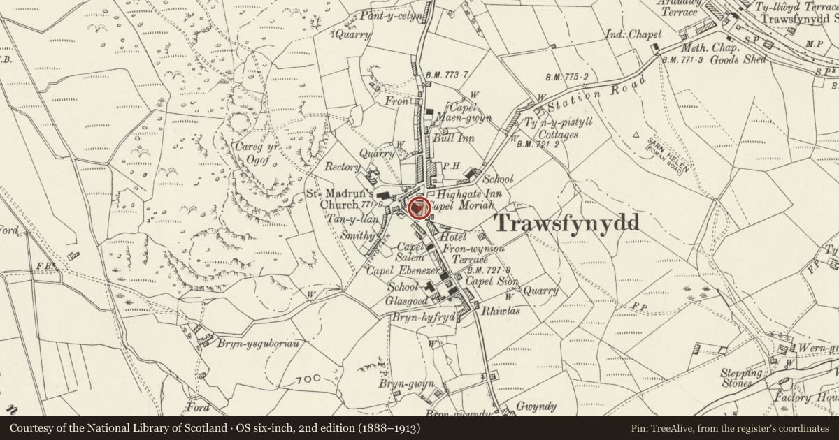 Ordnance Survey six-inch map, 2nd edition (1888–1913) covering the location of Capel Moriah Fro, Trawsfynydd, Gwynedd, with a pin at the register's coordinates