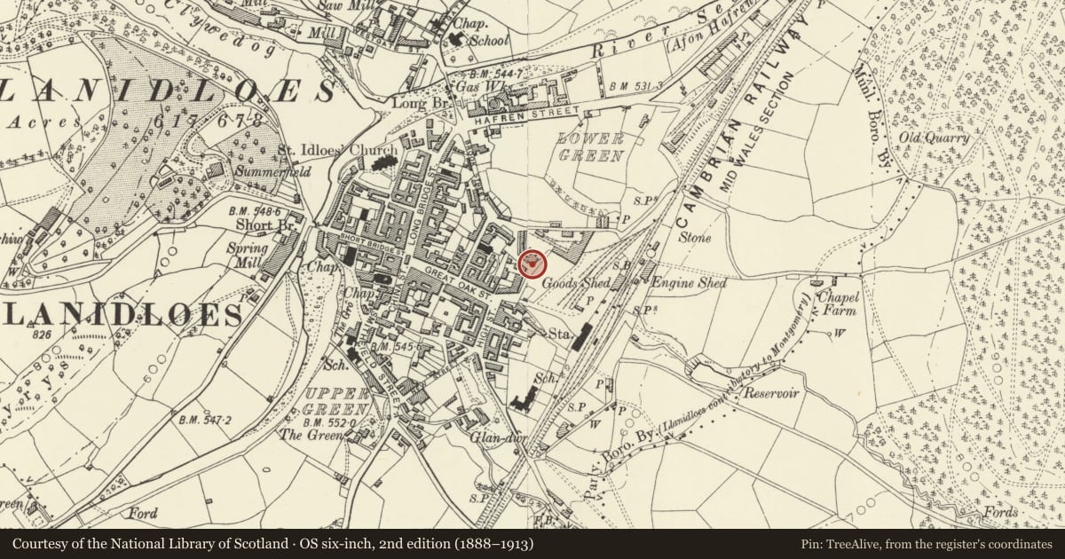 Ordnance Survey six-inch map, 2nd edition (1888–1913) covering the location of 17 Foundry Terrace, Llanidloes, Powys, with a pin at the register's coordinates