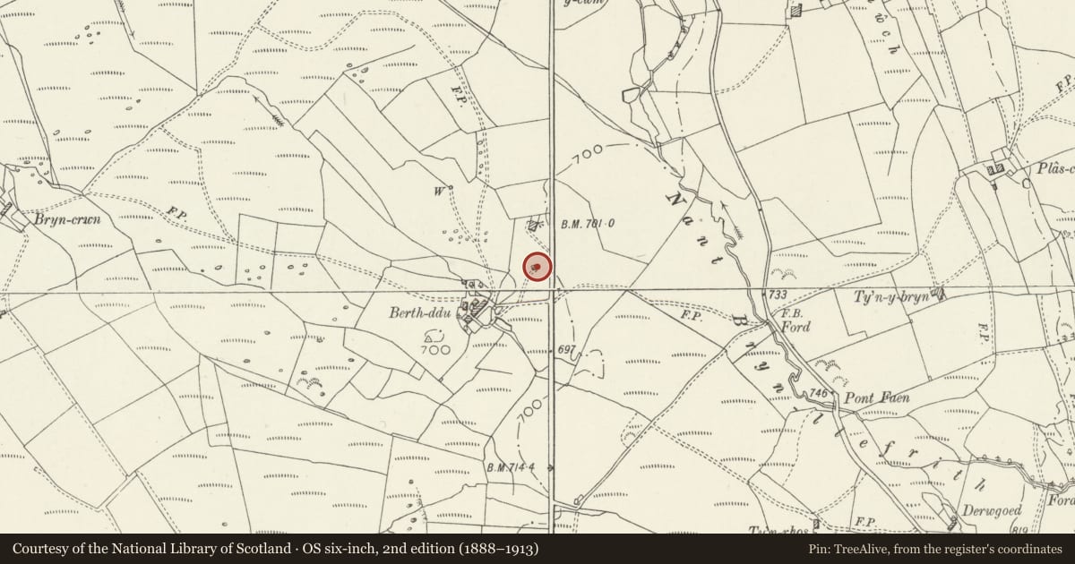 Ordnance Survey six-inch map, 2nd edition (1888–1913) covering the location of Outbuilding at Berth-ddu, Trawsfynydd, Gwynedd, with a pin at the register's coordinates