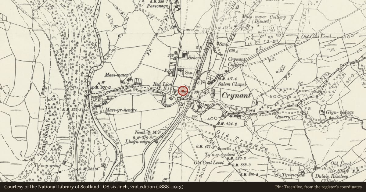 Ordnance Survey six-inch map, 2nd edition (1888–1913) covering the location of Chapel of ease to the Church of St Margaret, Crynant, Neath Port Talbot, with a pin at the register's coordinates