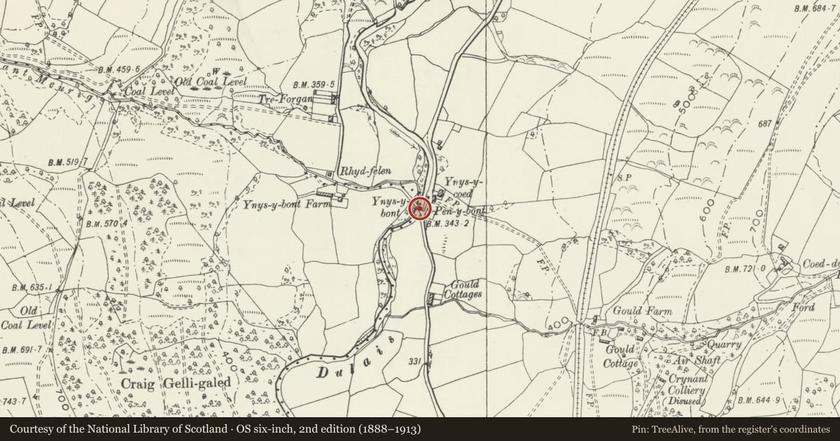 Ordnance Survey six-inch map, 2nd edition (1888–1913) covering the location of Ynys-y-bont Bridge, Crynant, Neath Port Talbot, with a pin at the register's coordinates