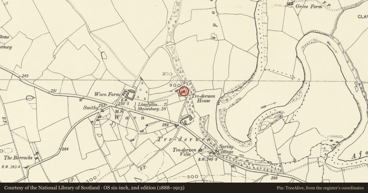 Ordnance Survey six-inch map, 2nd edition (1888–1913) covering the location of Barn at Trederwen House, Llansantffraid, Powys, with a pin at the register's coordinates
