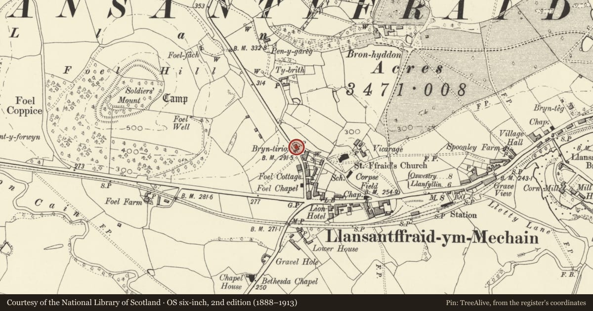 Ordnance Survey six-inch map, 2nd edition (1888–1913) covering the location of Bryntirion, Llansantffraid, Powys, with a pin at the register's coordinates