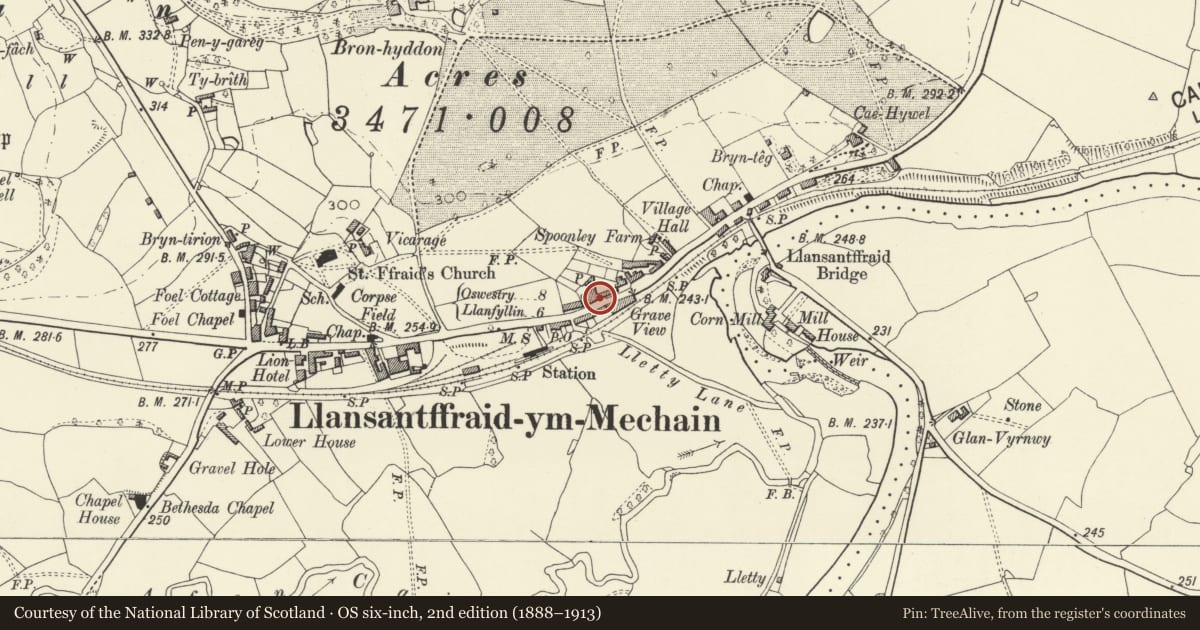 Ordnance Survey six-inch map, 2nd edition (1888–1913) covering the location of Cartrefle, Llansantffraid, Powys, with a pin at the register's coordinates