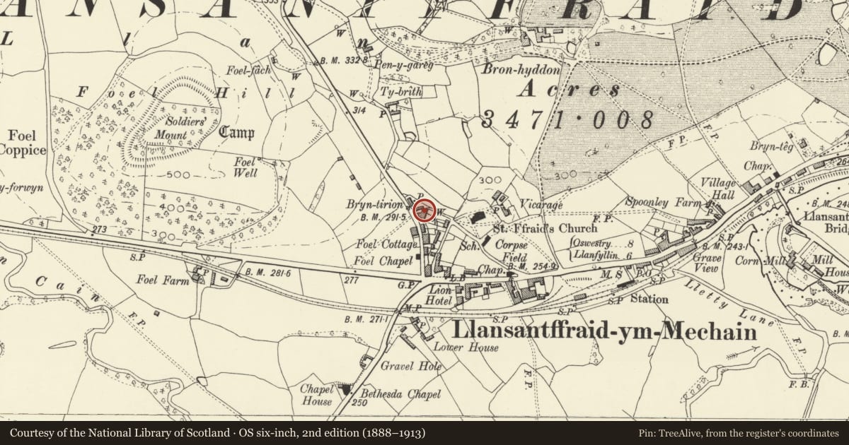 Ordnance Survey six-inch map, 2nd edition (1888–1913) covering the location of Glanaber, Llansantffraid, Powys, with a pin at the register's coordinates