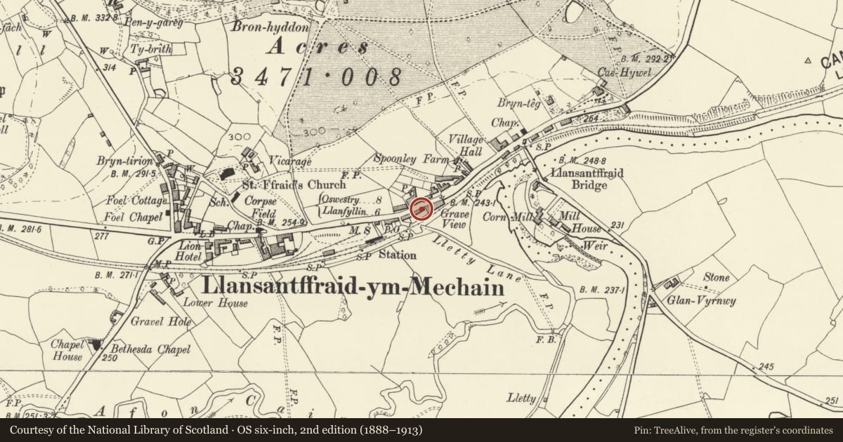 Ordnance Survey six-inch map, 2nd edition (1888–1913) covering the location of Gwyndu Cottage, Llansantffraid, Powys, with a pin at the register's coordinates